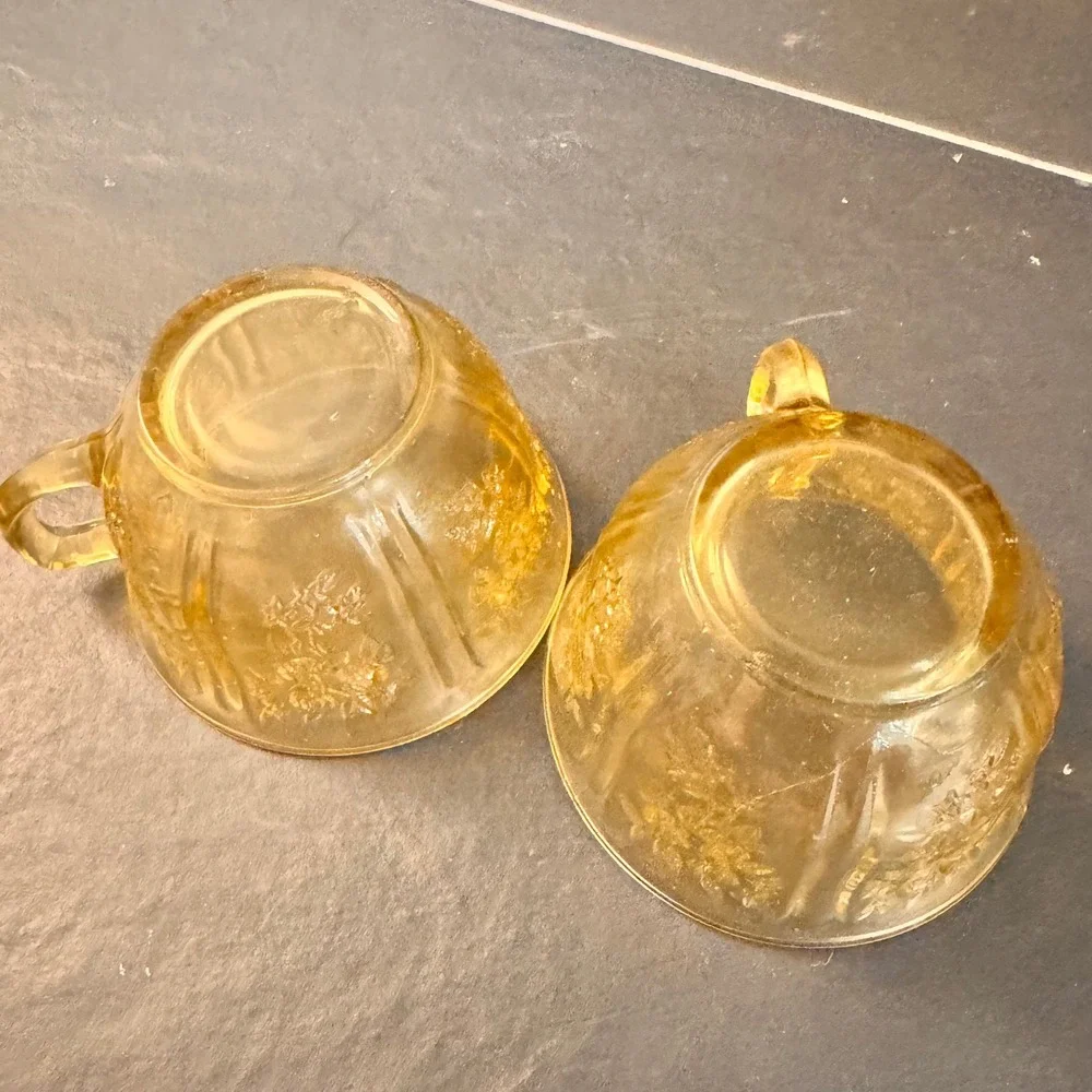 Antique Amber Depression Glass Tea Cups Embossed Floral Pattern Set of 2 Vintage
